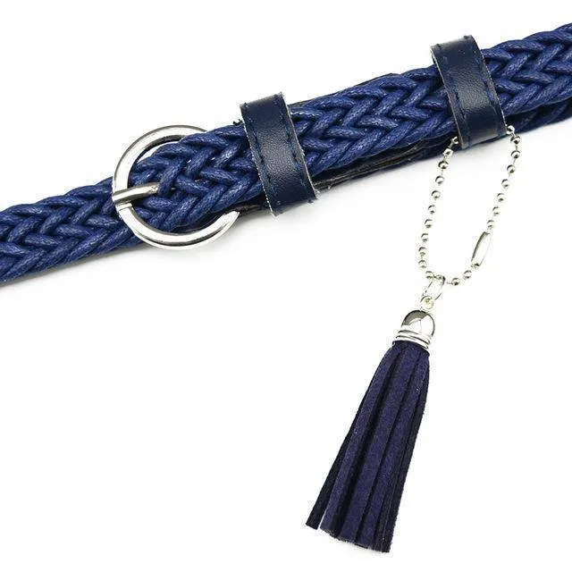 105cm Retro student knitted leather belts for women casual white tassels woven belts and straps female thin belt