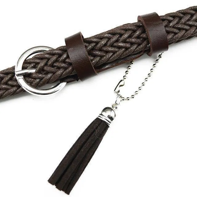 105cm Retro student knitted leather belts for women casual white tassels woven belts and straps female thin belt