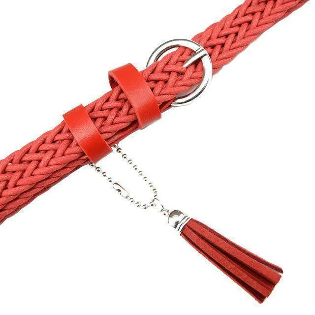 105cm Retro student knitted leather belts for women casual white tassels woven belts and straps female thin belt