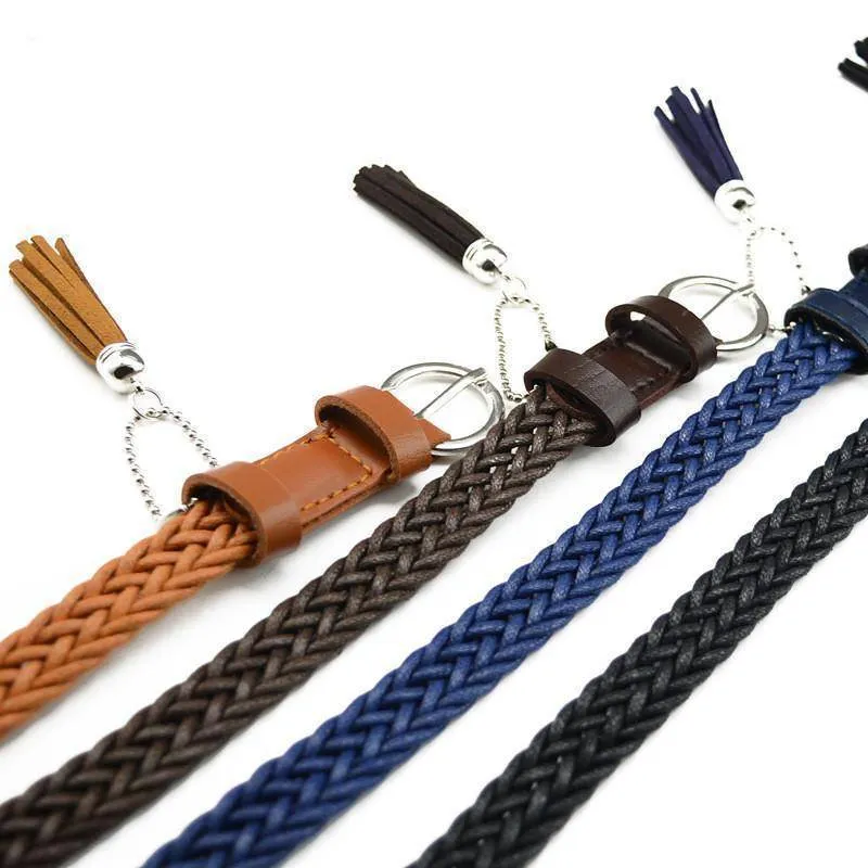 105cm Retro student knitted leather belts for women casual white tassels woven belts and straps female thin belt