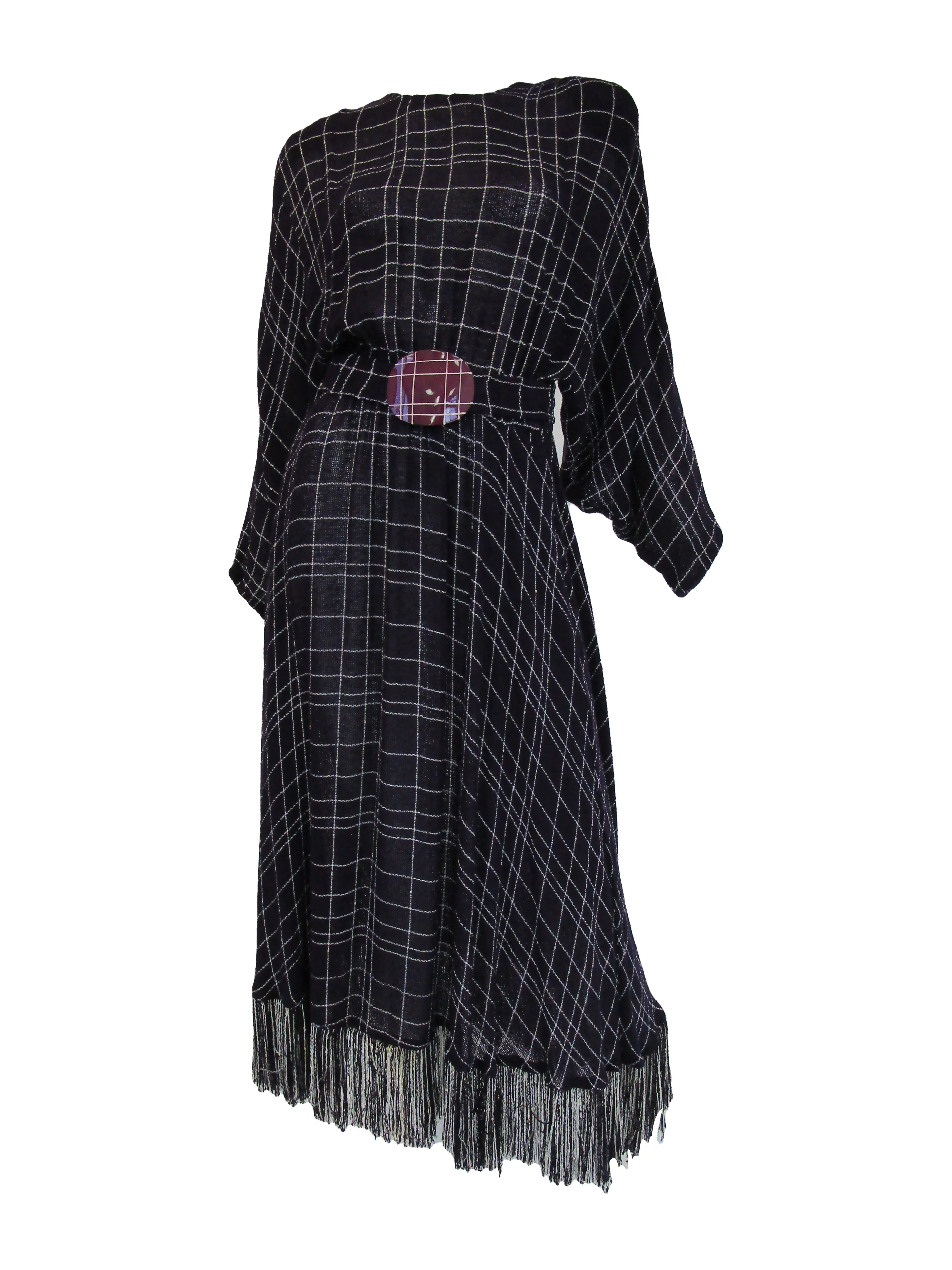 1980s Purple Checked Gauze Fringed Maxi Dress with Shawl and Belt