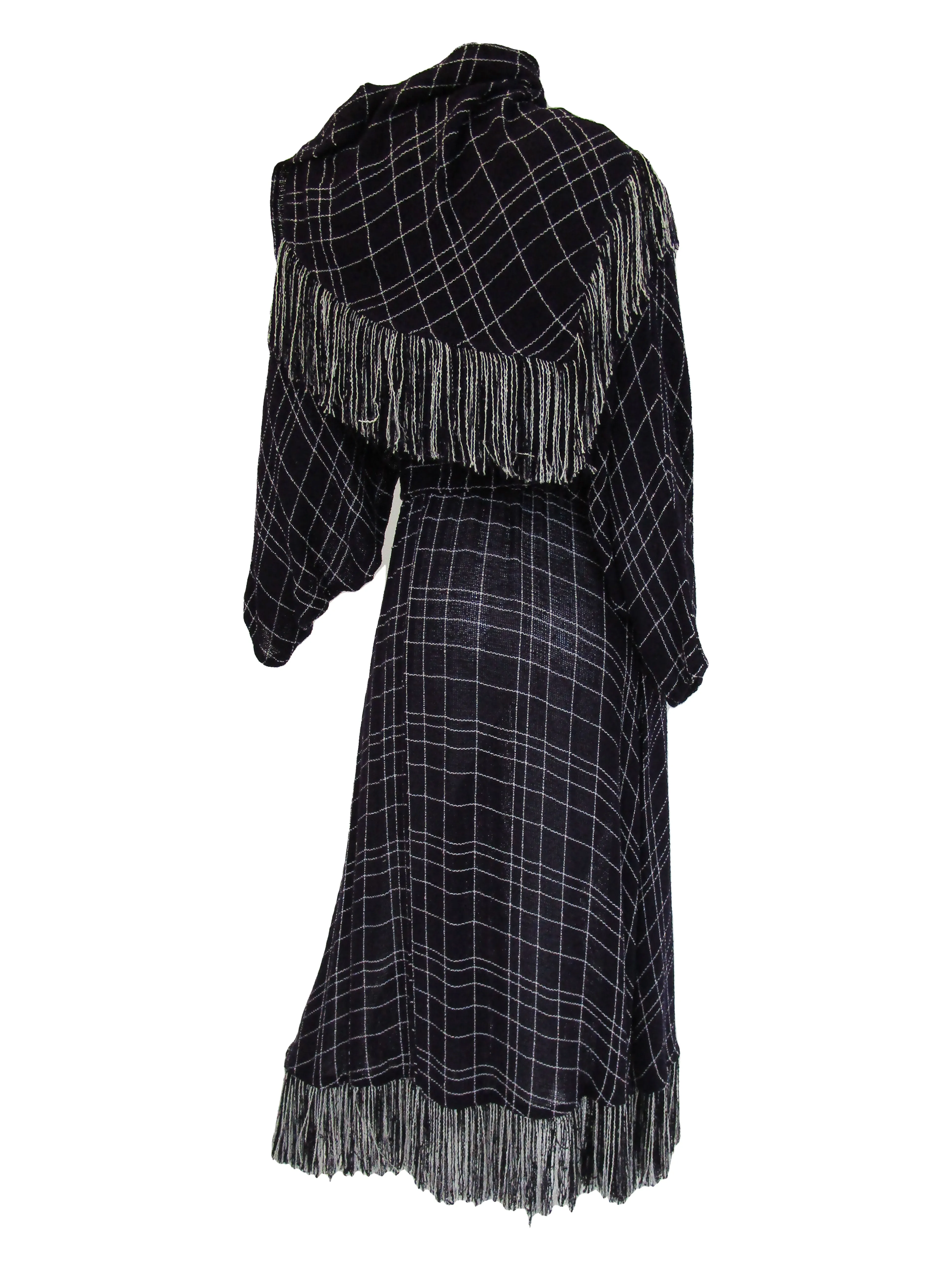 1980s Purple Checked Gauze Fringed Maxi Dress with Shawl and Belt