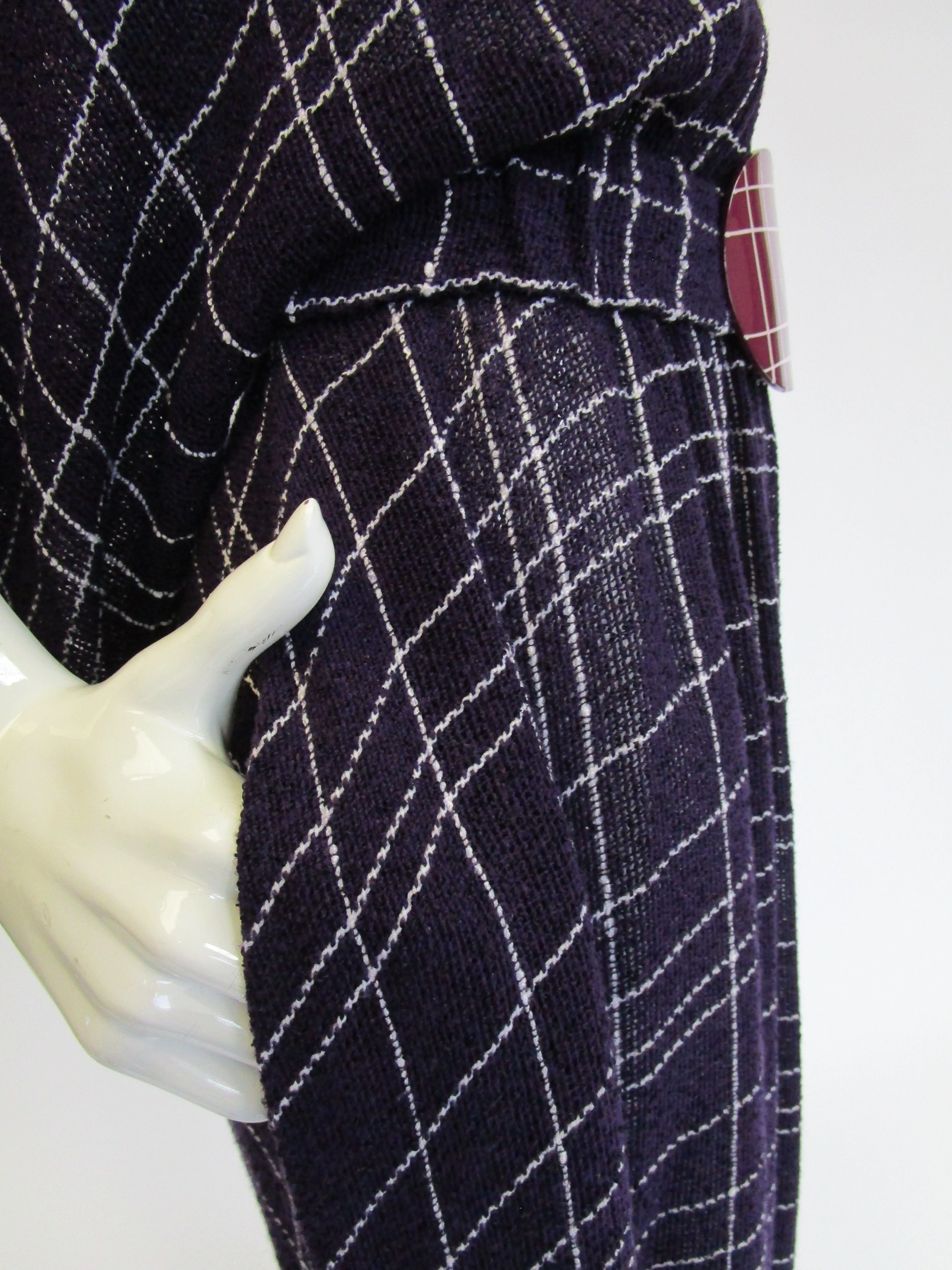 1980s Purple Checked Gauze Fringed Maxi Dress with Shawl and Belt