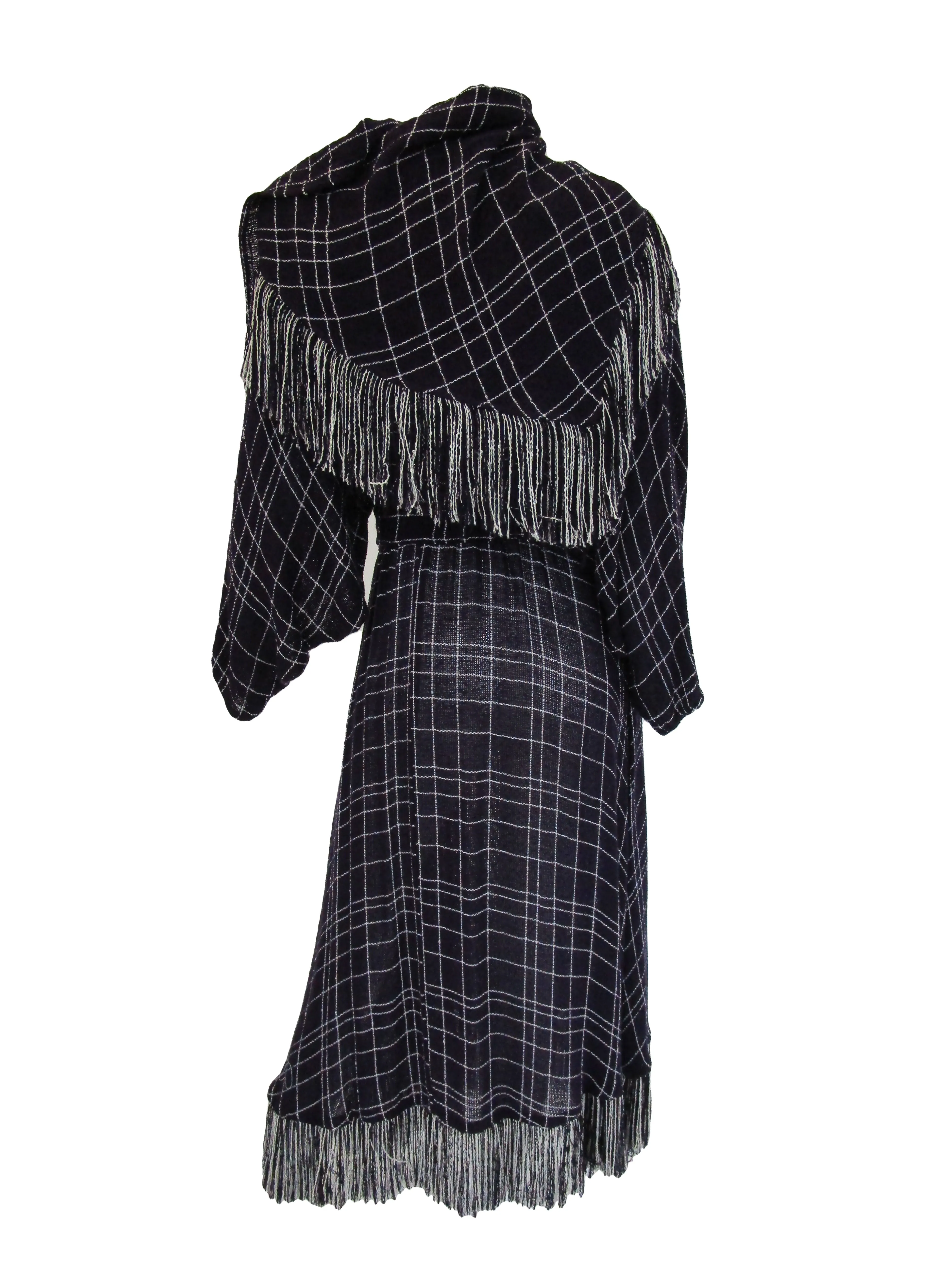 1980s Purple Checked Gauze Fringed Maxi Dress with Shawl and Belt