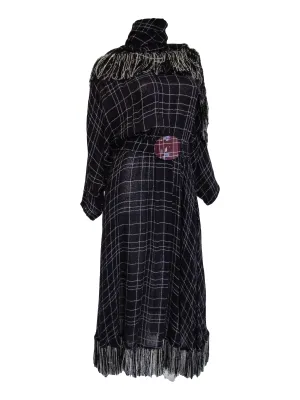 1980s Purple Checked Gauze Fringed Maxi Dress with Shawl and Belt