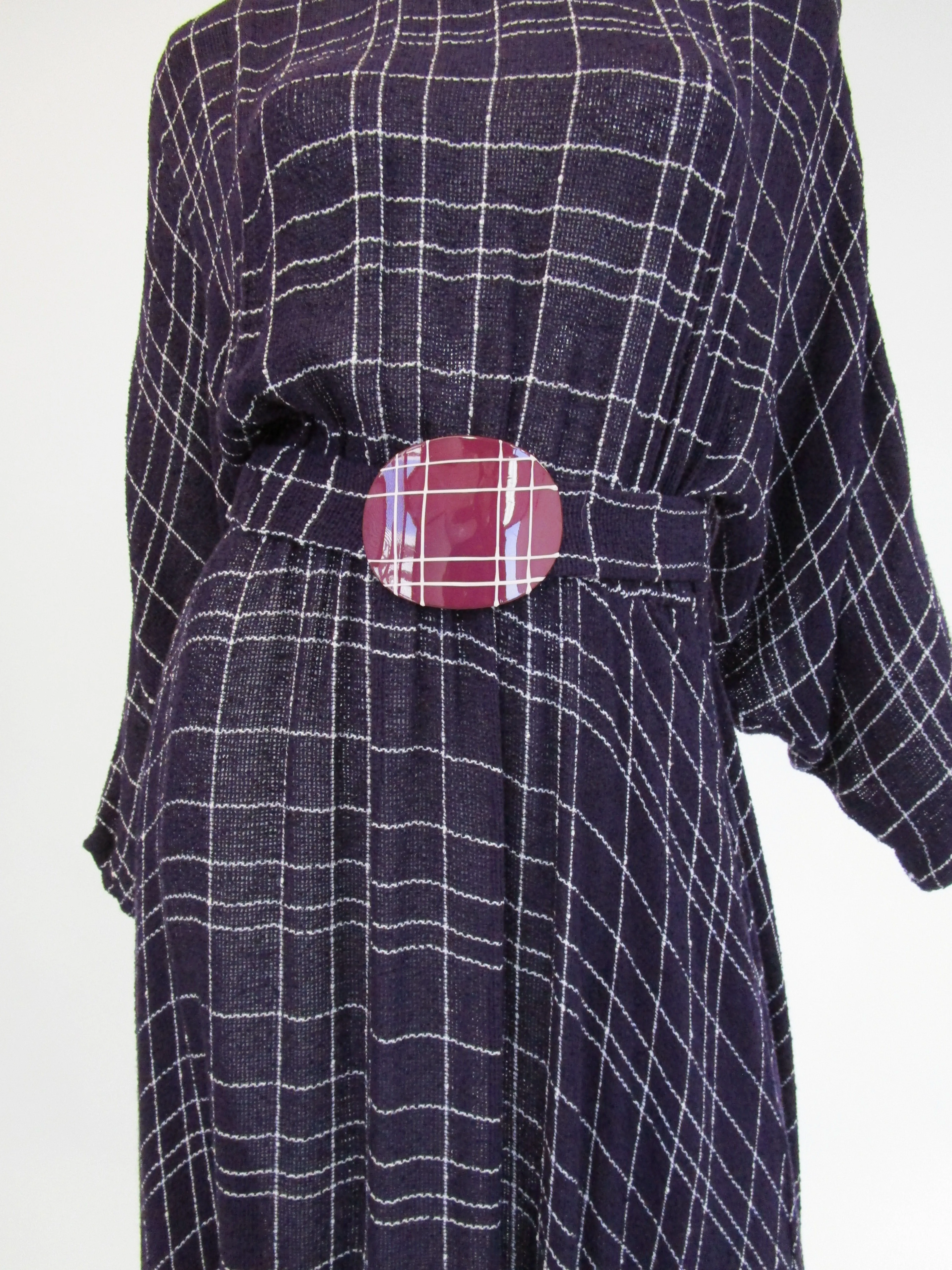 1980s Purple Checked Gauze Fringed Maxi Dress with Shawl and Belt