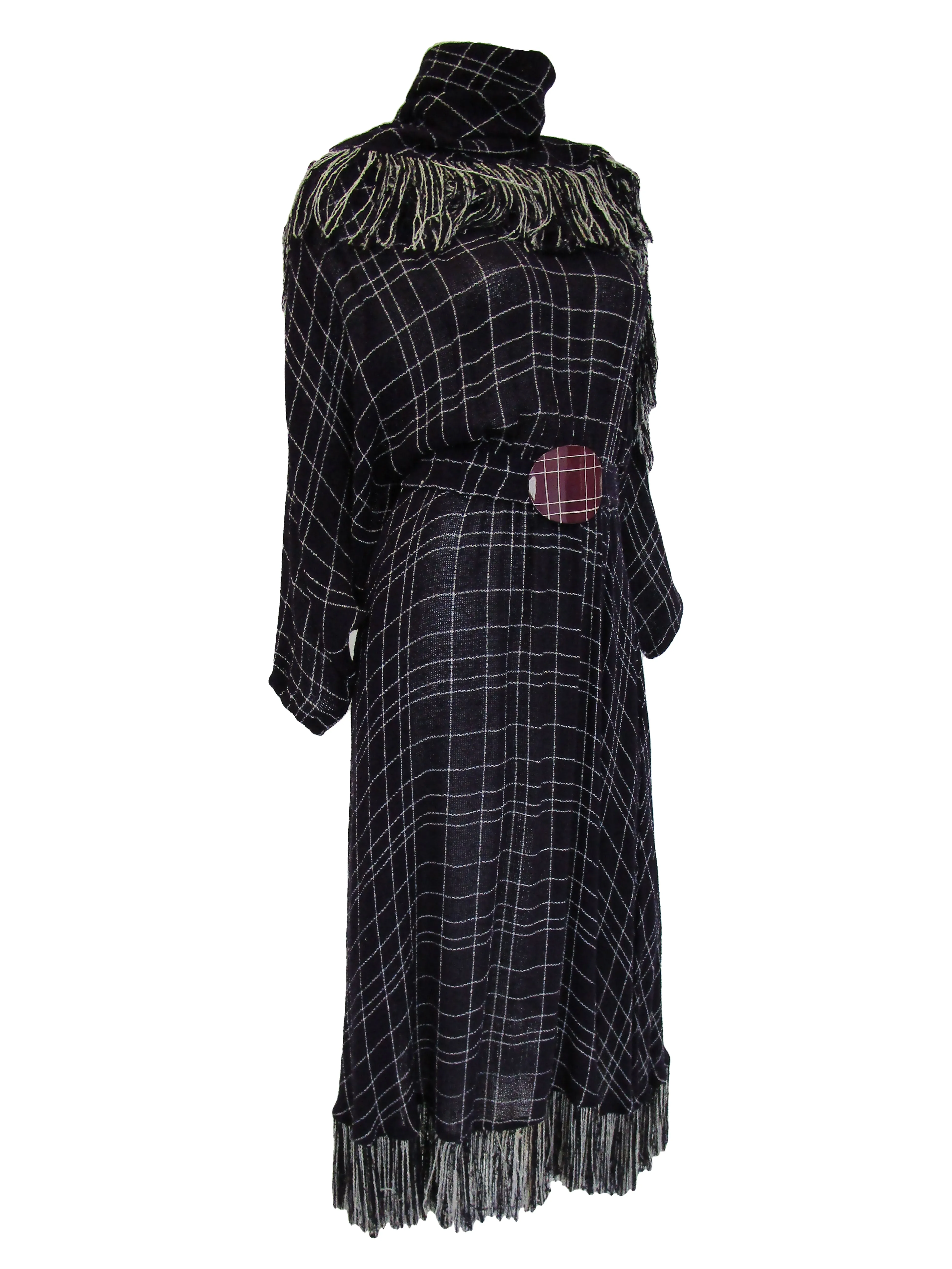 1980s Purple Checked Gauze Fringed Maxi Dress with Shawl and Belt