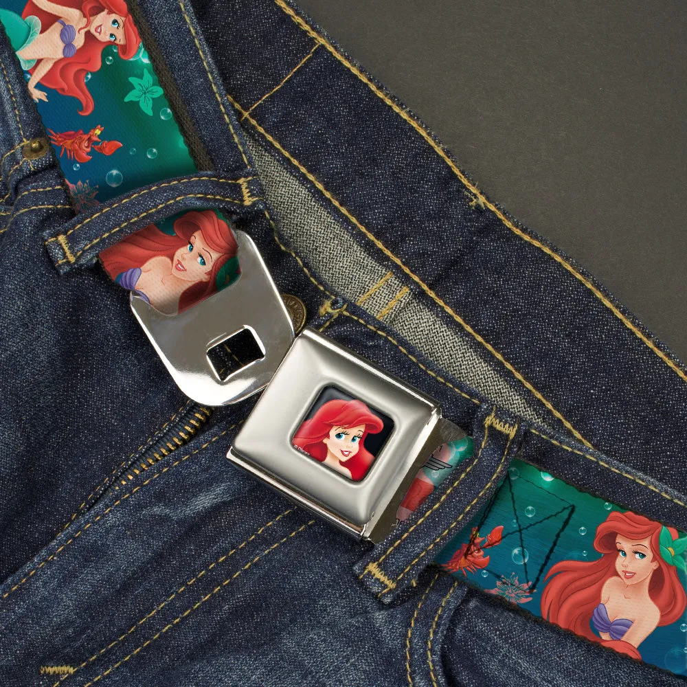 Ariel CLOSE-UP Full Color Seatbelt Belt - Ariel Poses w/Flounder Green/Blue Fade Webbing