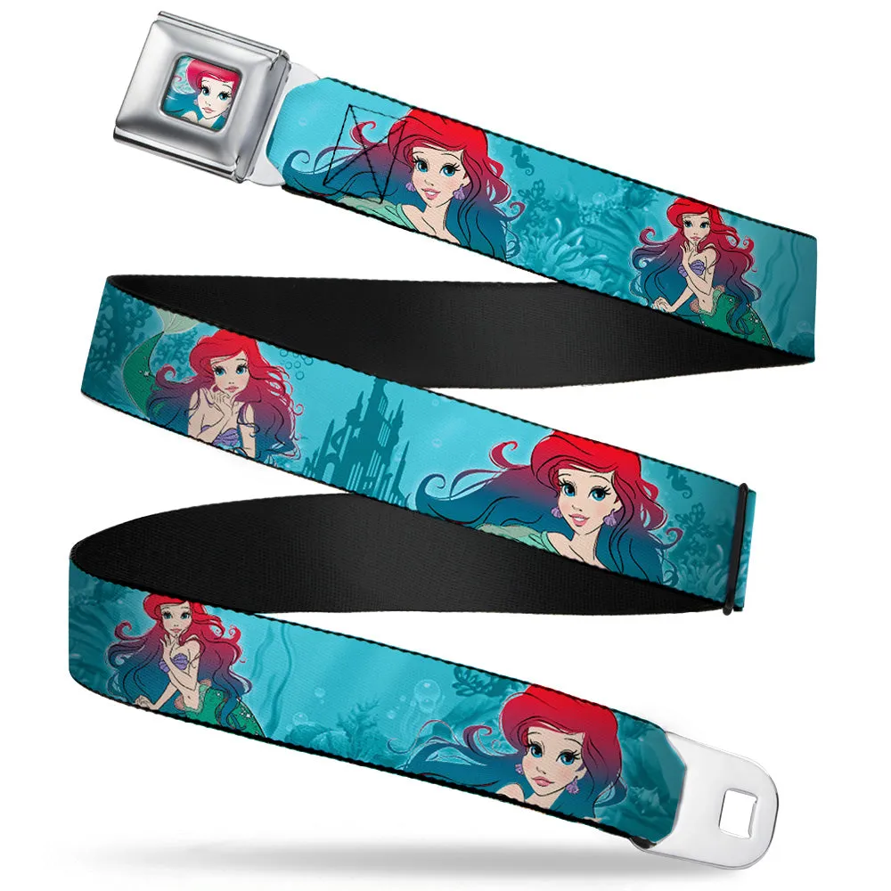 Ariel Face6 Turquoise Full Color Blues Seatbelt Belt - Ariel Poses Coral & Castle Blues/Reds Webbing