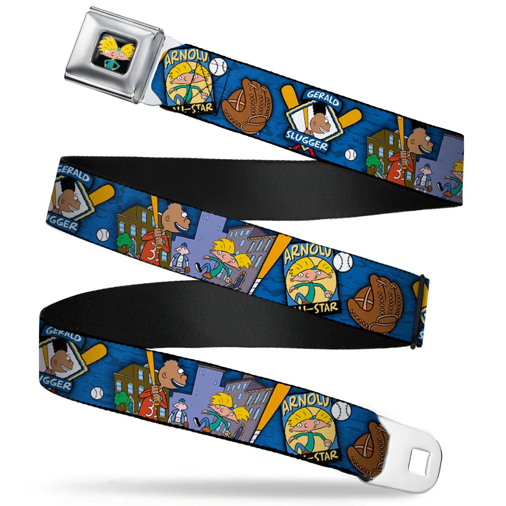 Arnold Pose Full Color Black Seatbelt Belt - Arnold ALL-STAR/Gerald SLUGGER Baseball Poses Blue Webbing