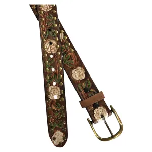 Brown Tooled Genuine Leather Western Belt with White Roses