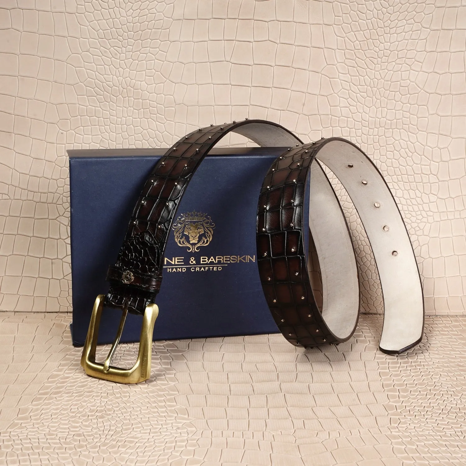 Croco Textured Dark Brown Belt with Pint-Sized Stud Detailing