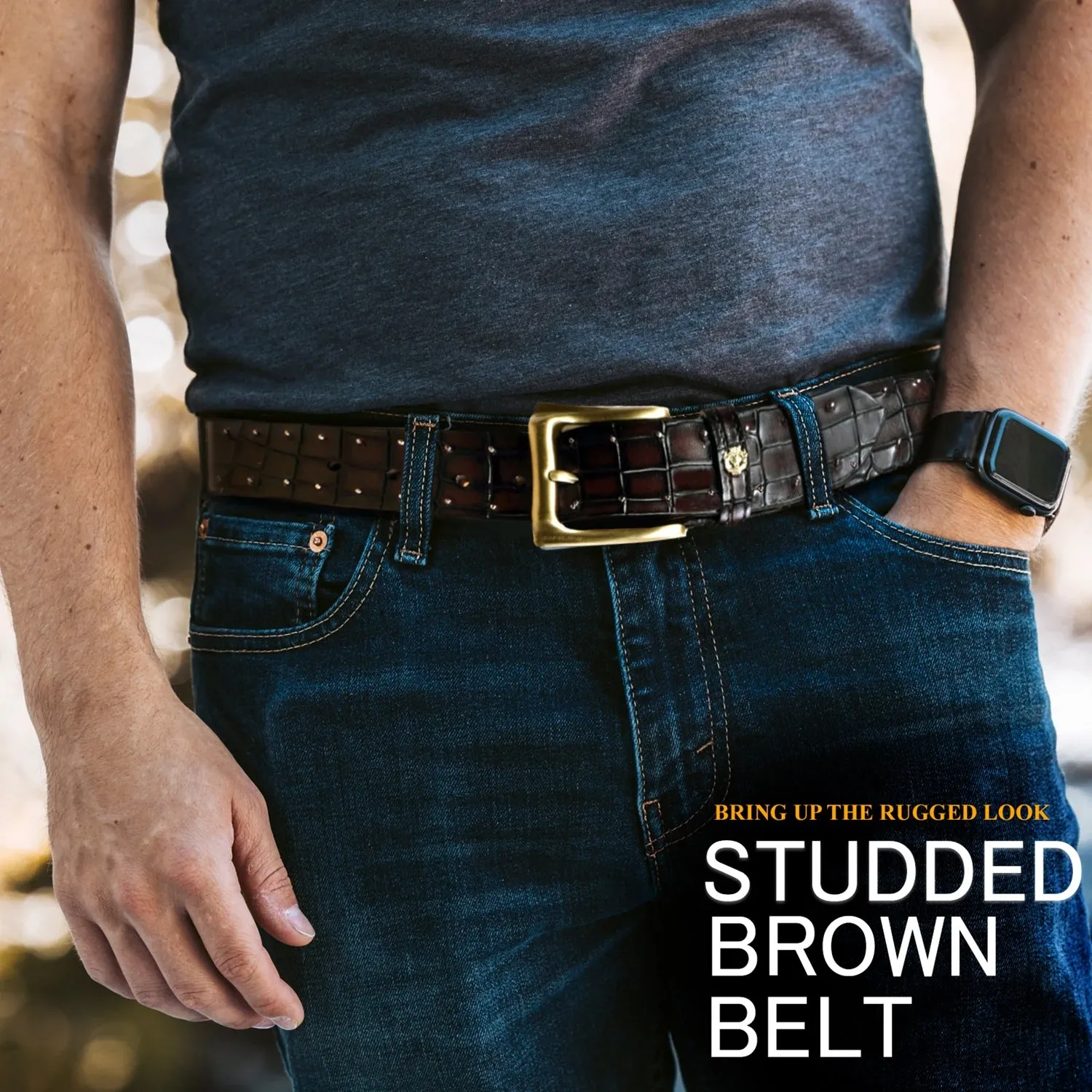 Croco Textured Dark Brown Belt with Pint-Sized Stud Detailing