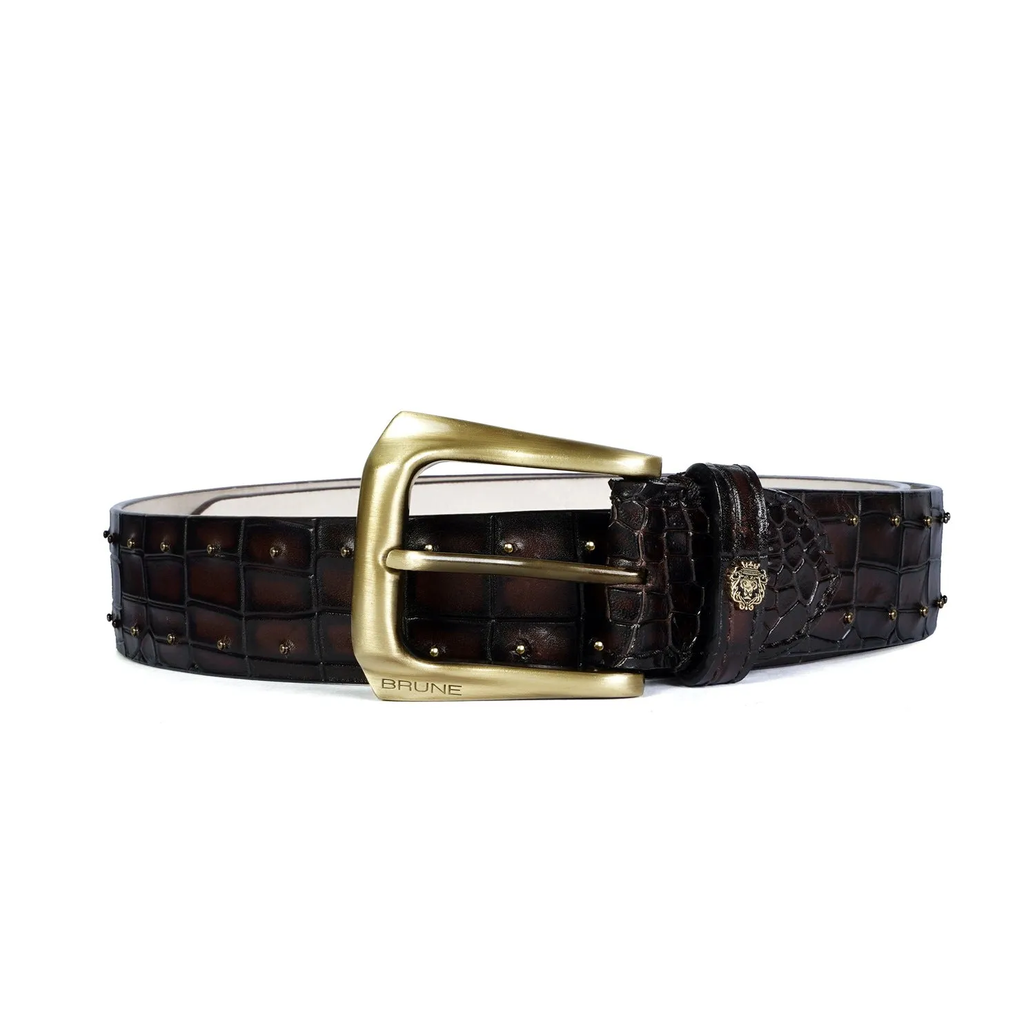 Croco Textured Dark Brown Belt with Pint-Sized Stud Detailing