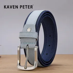 Men Suede Leather Belt With Oxford Fabric Strap Genuine Leather Luxury Pin Buckle Blue Belts For Men 3.5 cm and 4.0 cm Width