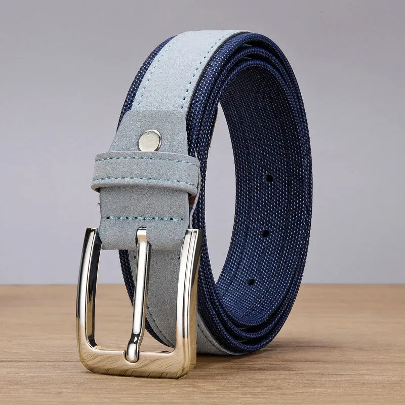 Men Suede Leather Belt With Oxford Fabric Strap Genuine Leather Luxury Pin Buckle Blue Belts For Men 3.5 cm and 4.0 cm Width