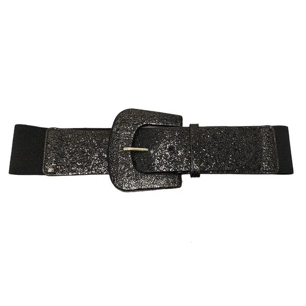 Metallic Faux Leather Stretch Belt in Black