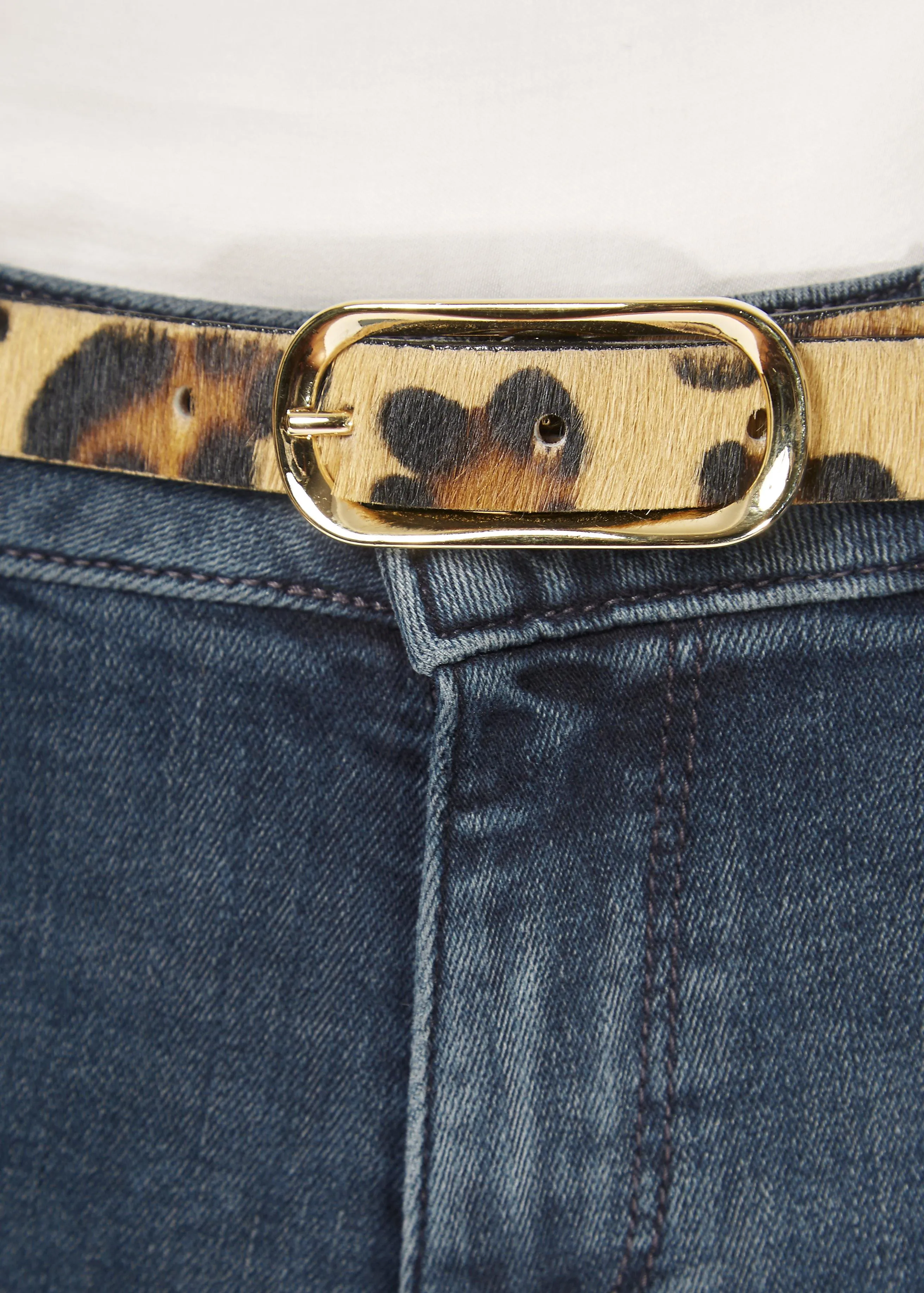 'Midori' Thin Leopard Print Belt With Gold Buckle