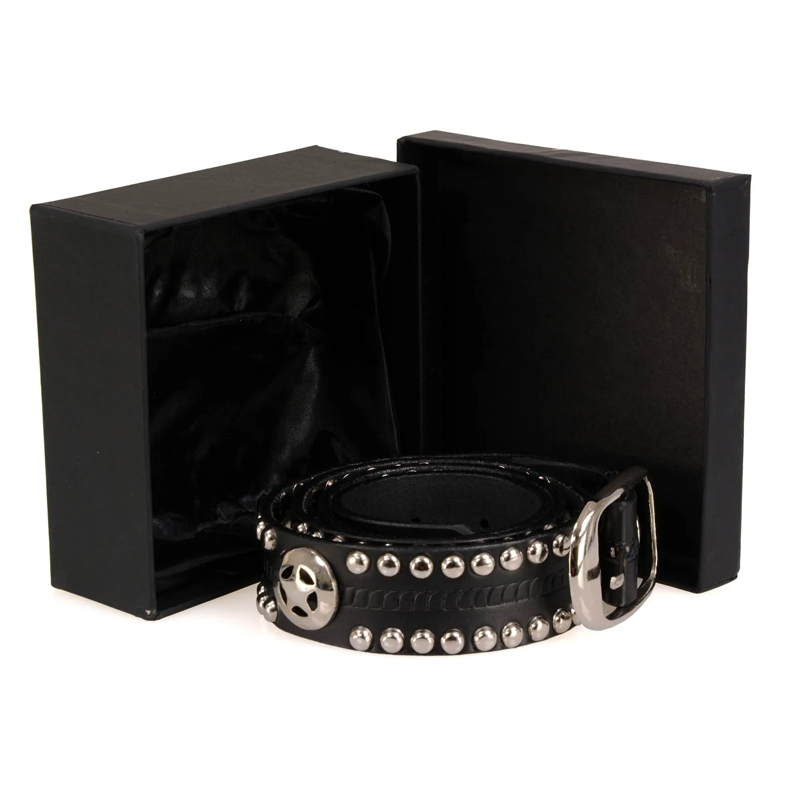 Milwaukee Leather MP7131 Men's Chrome Studded w/ Star Emblem Black Leather Biker Belt w/ Interchangeable Buckle -1.5 in Wide