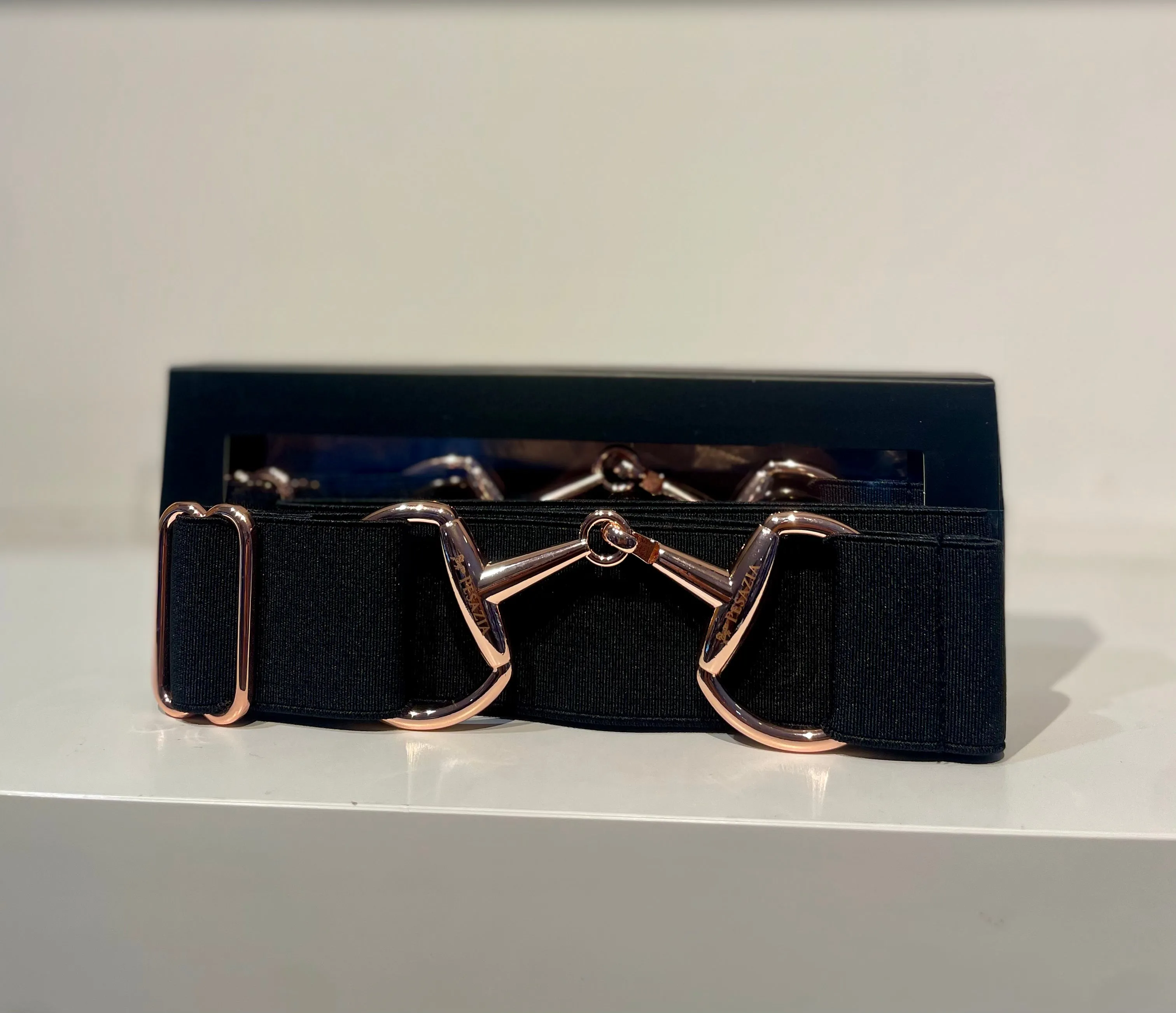 Black Stretch Belt with Rose Gold Snaffle Bit - Pesazia Logo