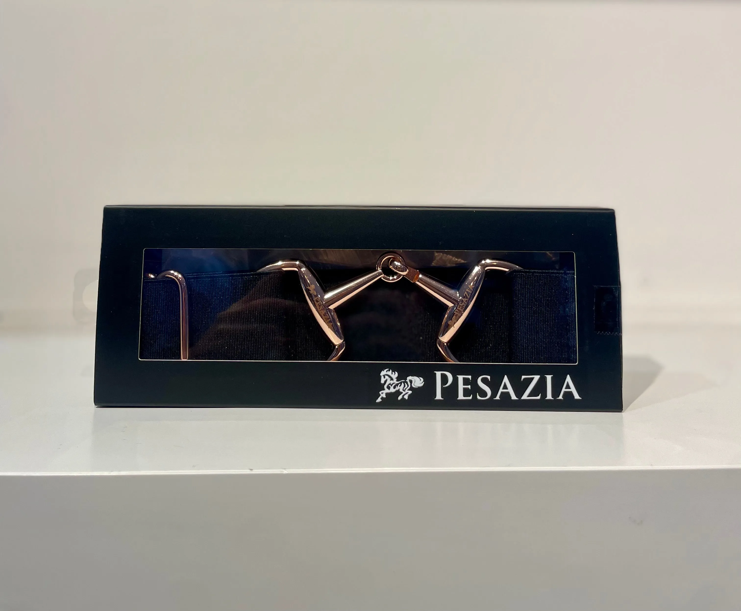 Black Stretch Belt with Rose Gold Snaffle Bit - Pesazia Logo