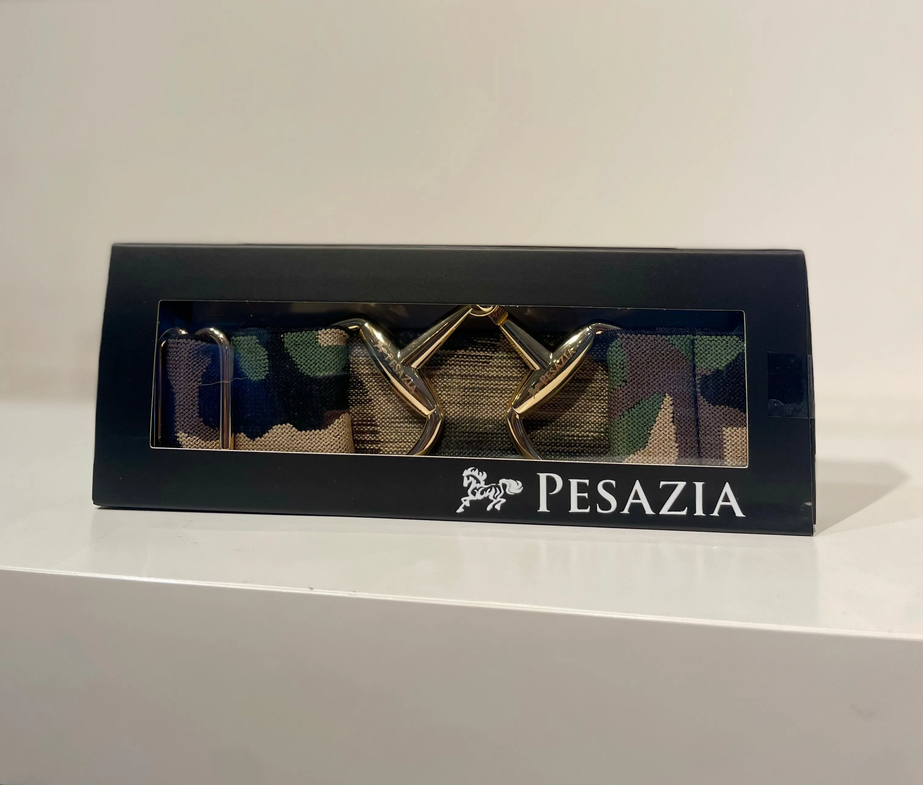 Pesazia - Logo Stretch Bit Belts - Green Camo w/ Gold Snaffle Bit