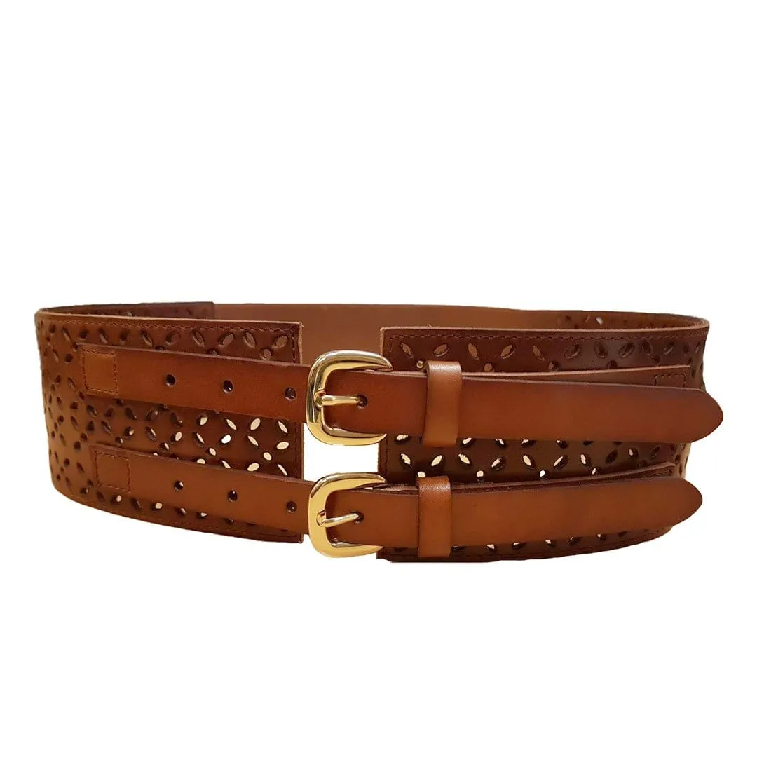 PICTON - Addison Road Tan Leather Wide Waist Cincher Belt with Double Buckles