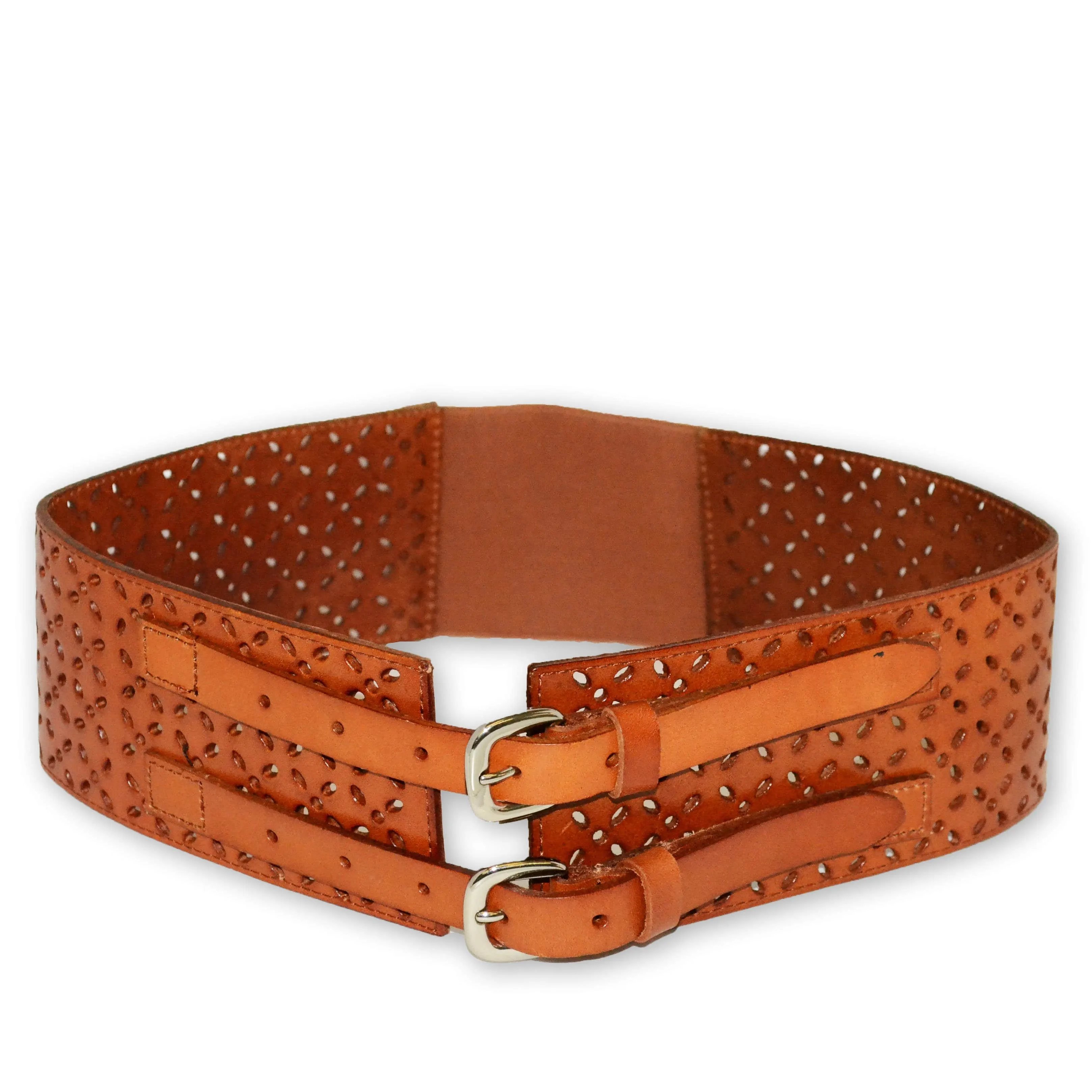 PICTON - Addison Road Tan Leather Wide Waist Cincher Belt with Double Buckles