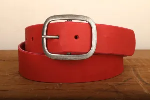 Red Leather Belt - Snap Closure - Handmade in USA - Wide Antique Silver Tone Nickel Buckle