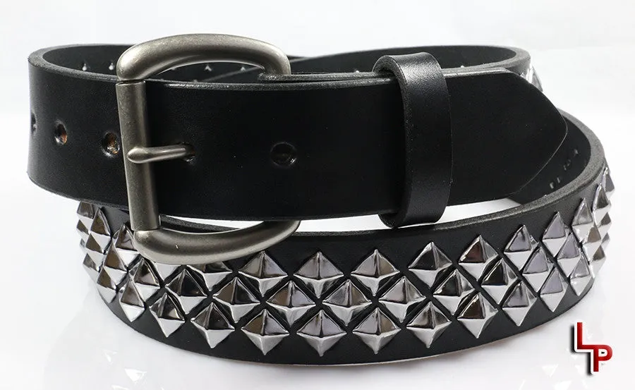 Three Row Diagonal Pyramid Studded Leather Belt