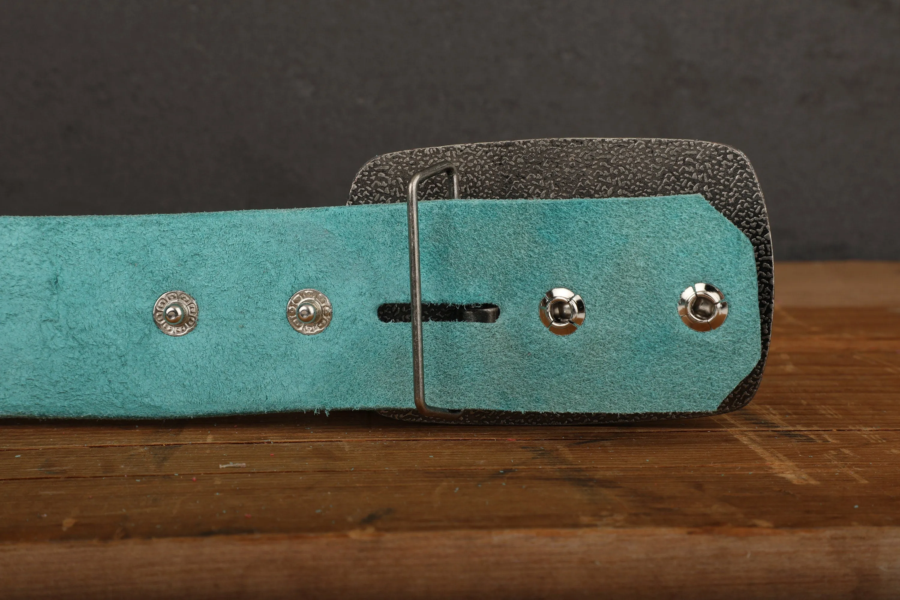 Turquoise Leather Belt Snap Closure - Handmade in USA - Unisex Wide Antique Silver Tone Nickel Buckle