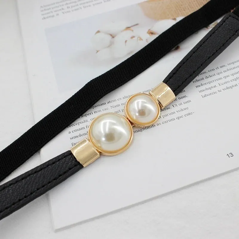 Women's Elastic and Thin Pearl Buckle Dress Belts