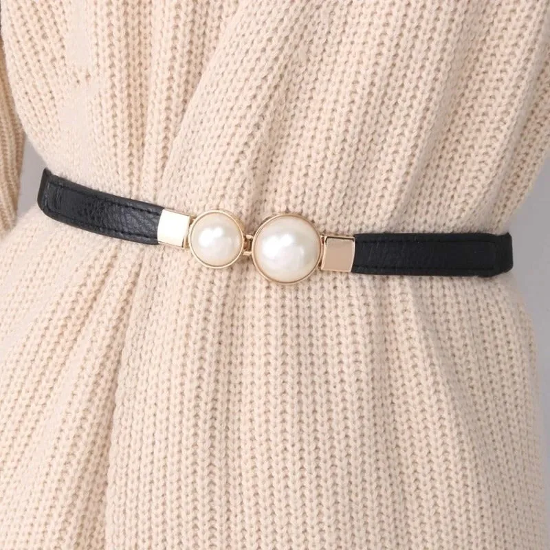 Women's Elastic and Thin Pearl Buckle Dress Belts