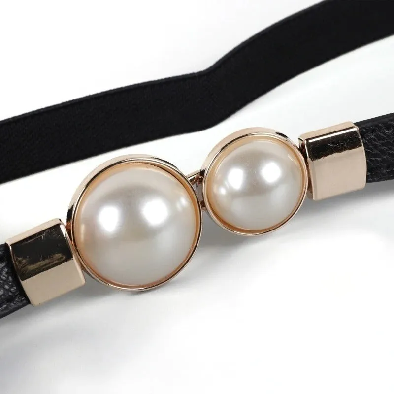 Women's Elastic and Thin Pearl Buckle Dress Belts