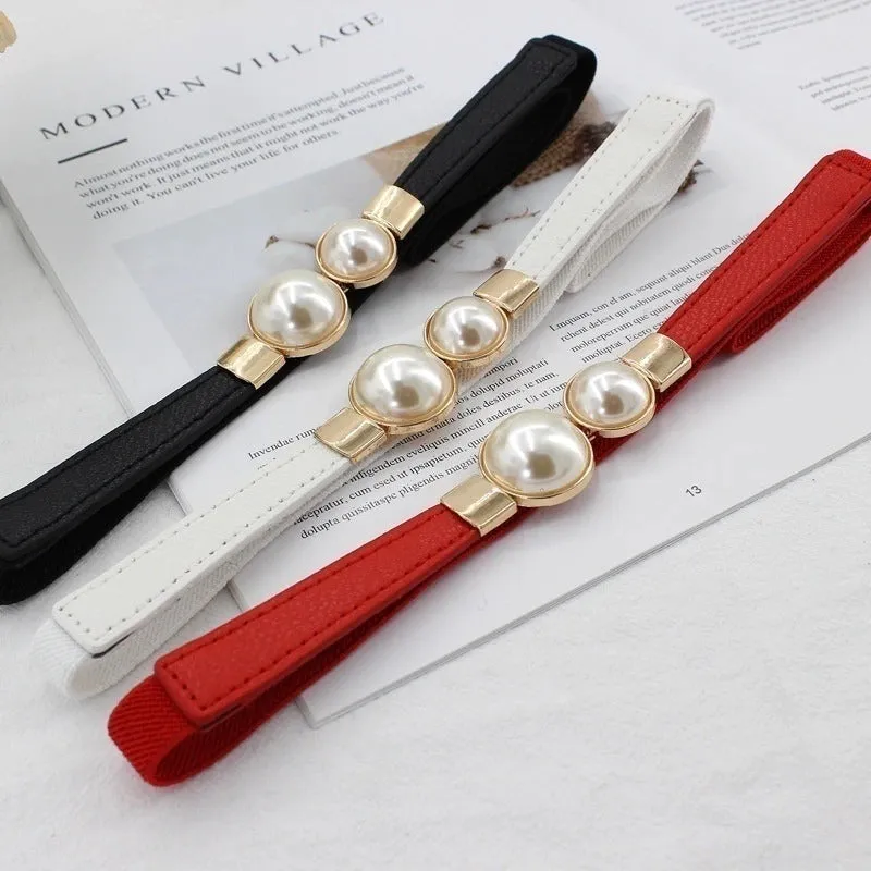 Women's Elastic and Thin Pearl Buckle Dress Belts